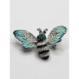 Rhinestone Bee Brooch Enamel Wings Silver Tone Figural Insect Pin